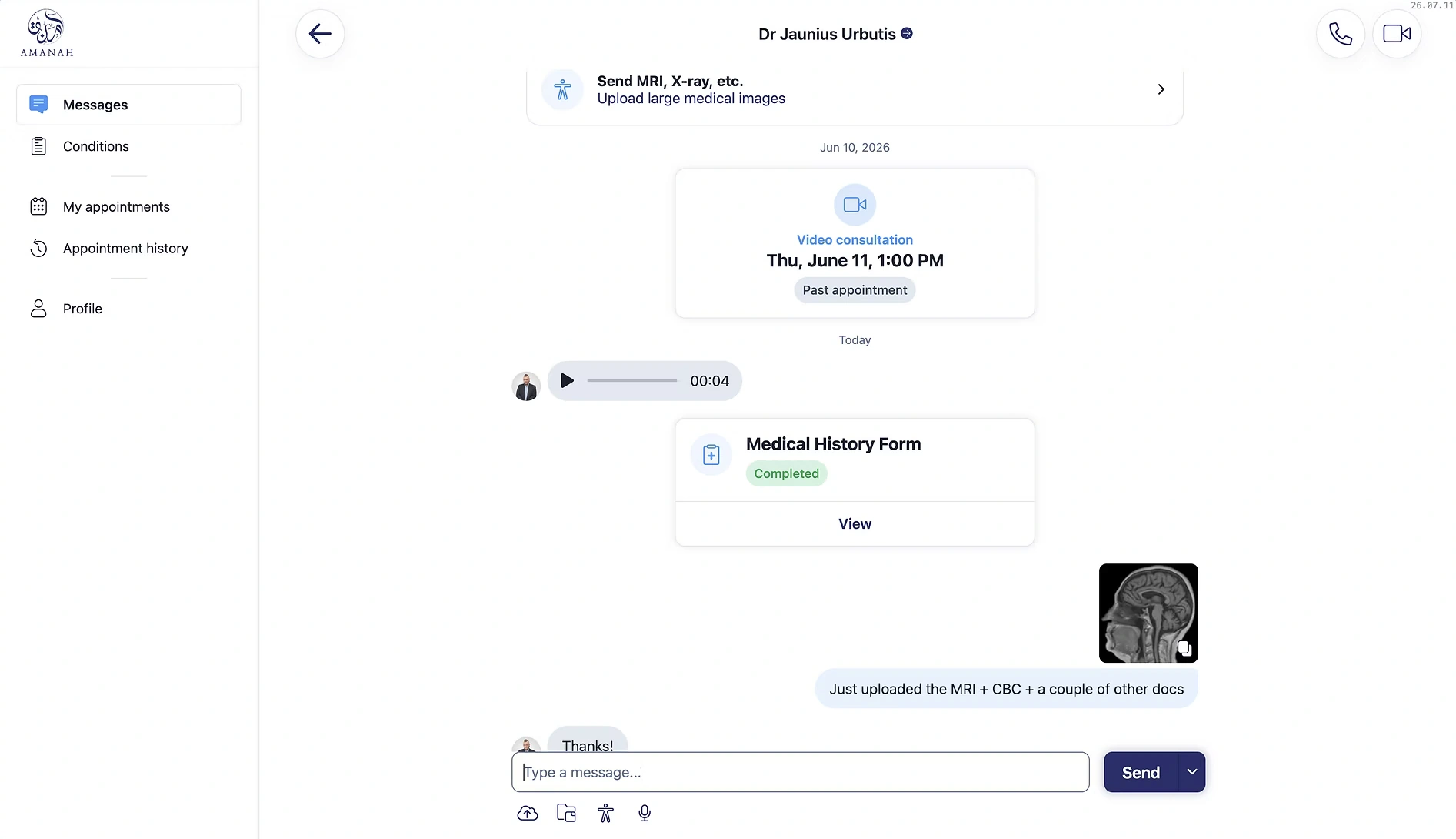Amanah consultation example showing a video appointment, voice message, completed medical history form, and uploaded medical imaging.