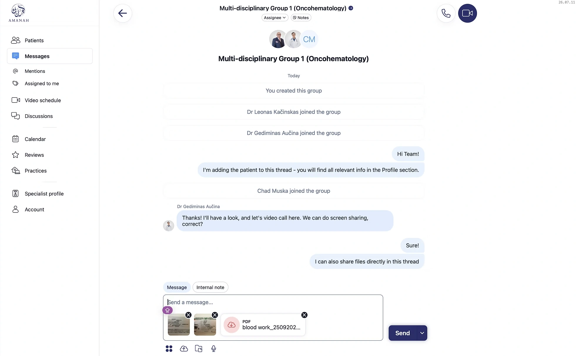 Amanah platform example showing a multidisciplinary group conversation, specialist participants, and file attachments.